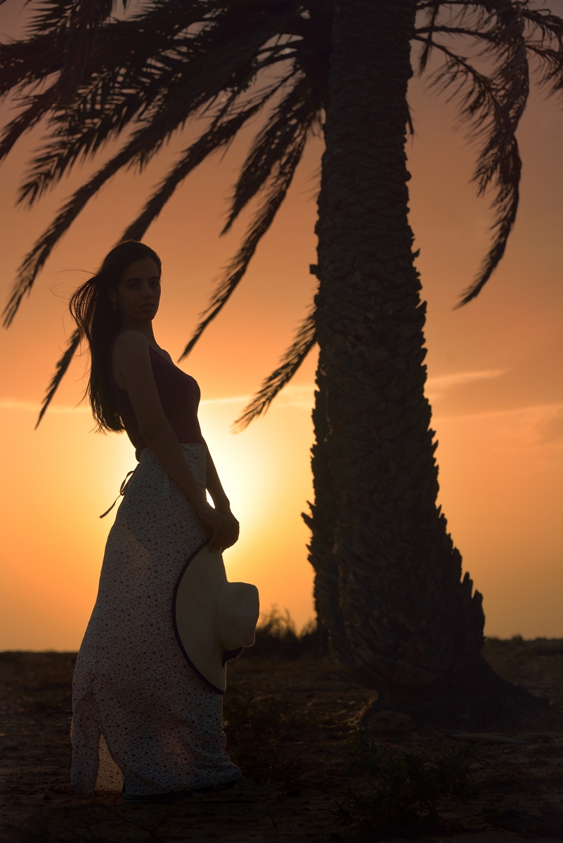 Abir au coucher du soleil devant un palmier de Kraten, Tunisie