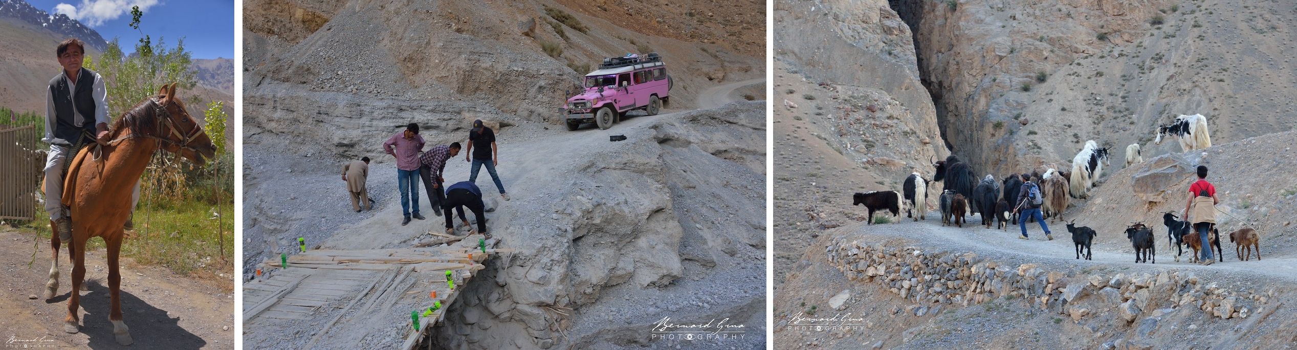 Montage de trois scènes de la vallée de Chapursan : visite à cheval, passage d’un pont en cours de consolidation et troupeau de yaks, moutons et chèvres venant d’Afghanistan, août 2018. 