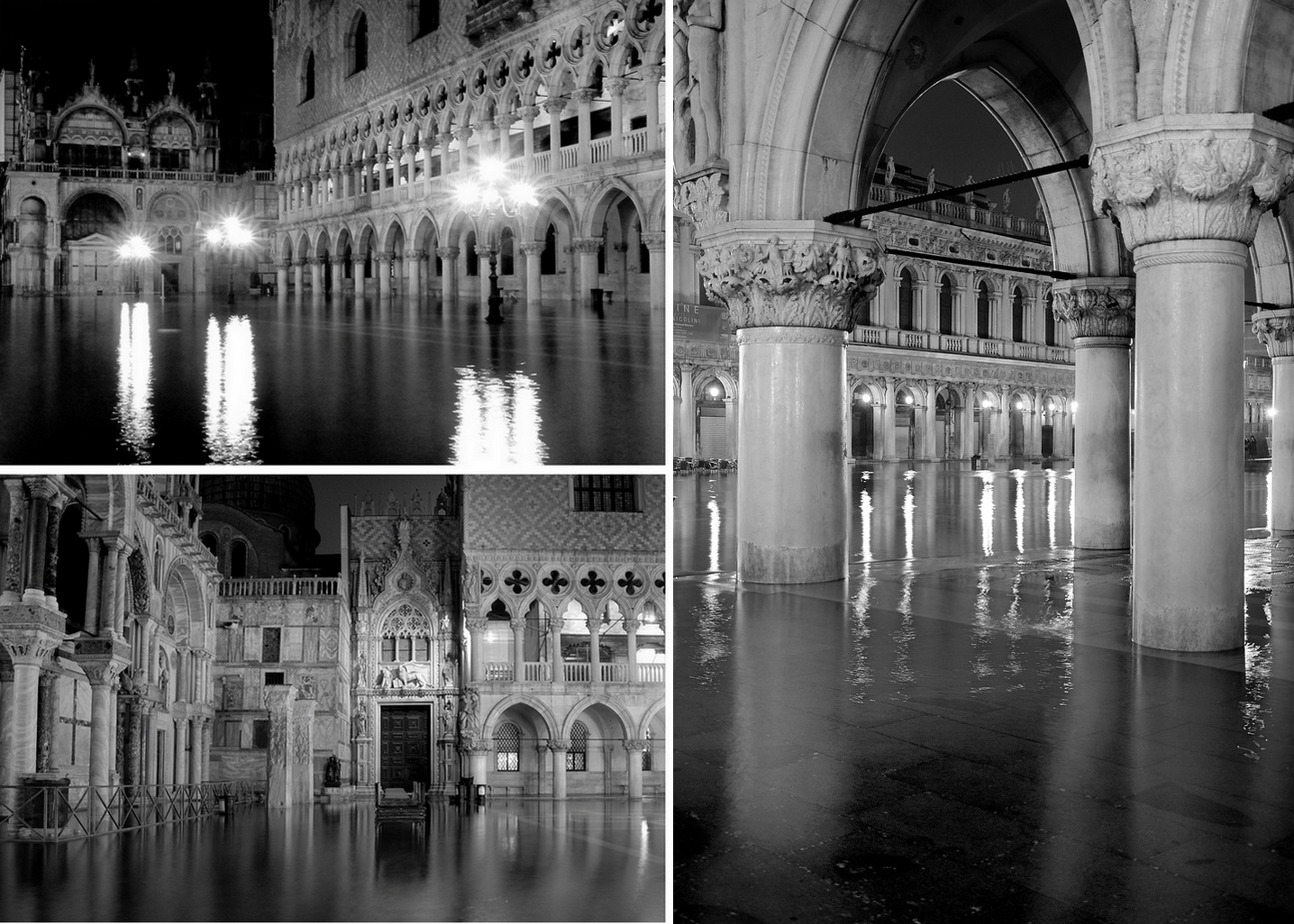 Place Saint-Marc à Venise pendant l'acqua alta, avec le Palais des Doges et la basilique Saint-Marc, en noir et blanc.