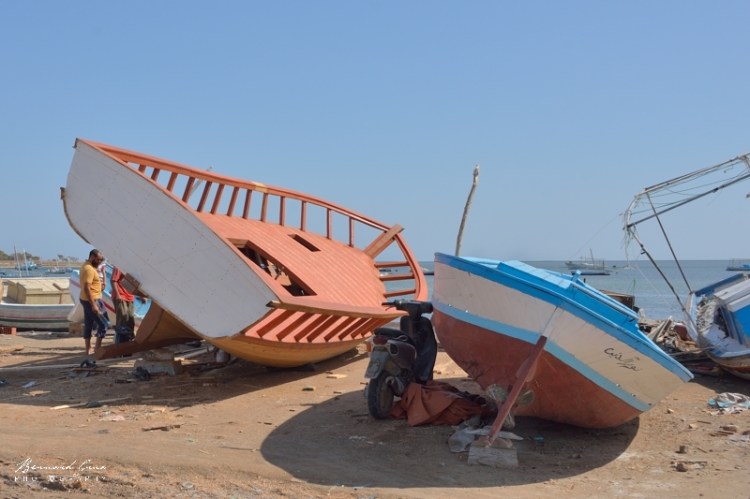 Bernard Grua - Ici, sont présentés deux babours (mot à mot "vapeurs"), bateaux de pêche à moteur in-bord. Le barbour de droite a la poupe qui se rencontre le plus fréquemment: un arrière "canoé" et un pavois arrondi qui s'évase. Le babour en construction a un tableau droit comme ceci semble se généraliser. Est-ce plus économique à construire? Est-ce pour porter plus de charge? Est-ce pour pouvoir remorquer un petit chalut? El Attaya, Kerkennah, Tunisie, Chantier Naval Fathi Arous. 2 octobre 2019