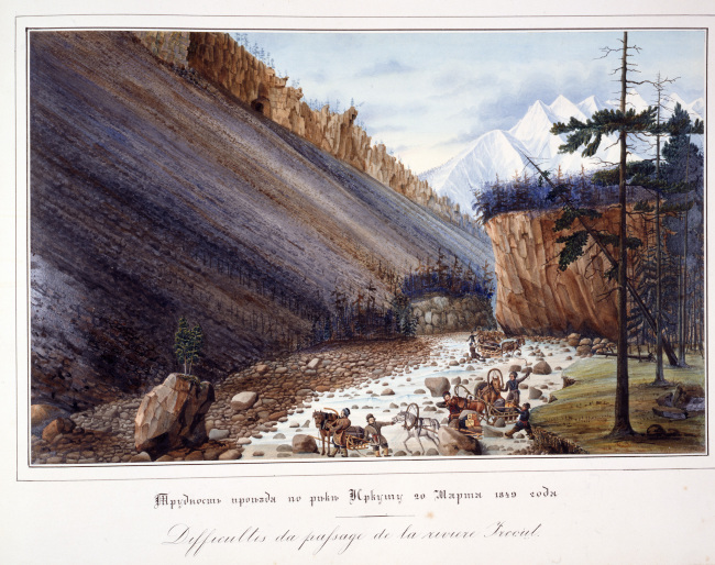 Batagol, gouache de Carl Wolff : caravane de traineaux sur l'Irkout gelée 