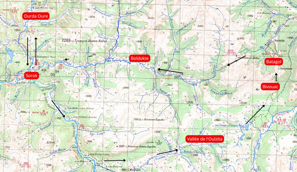 Itinéraire : Sorok, vallée de l'Oulzita, bivouac, Batagol, Boldokte, Sorok, Ourda-Oure, Sorok
