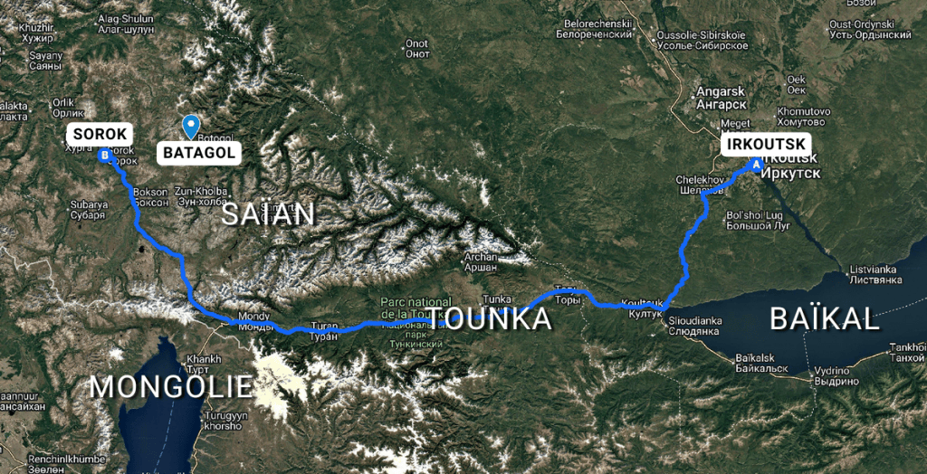 Monts Saïan orientaux, carte  :  Irkoutsk, vallée de la Tunka, gorges de la rivière Irkout, Sorok et Batagol
