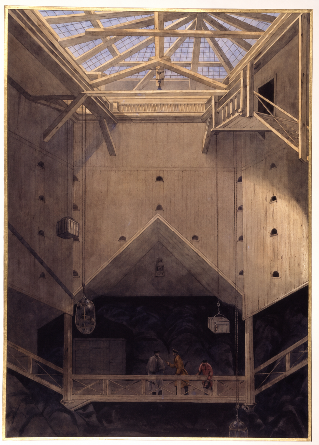 Batagol, gouache de Carl Wolff : descente dans le puits de la mine