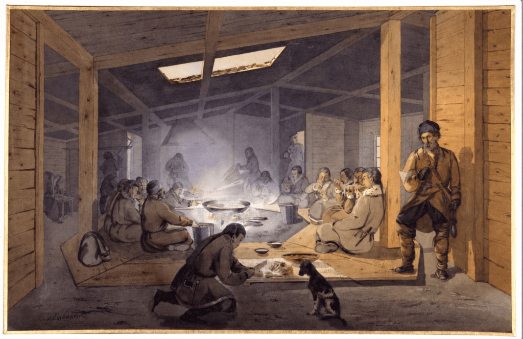Batagol, gouache de Carl Wolff : repas des ouvriers 
