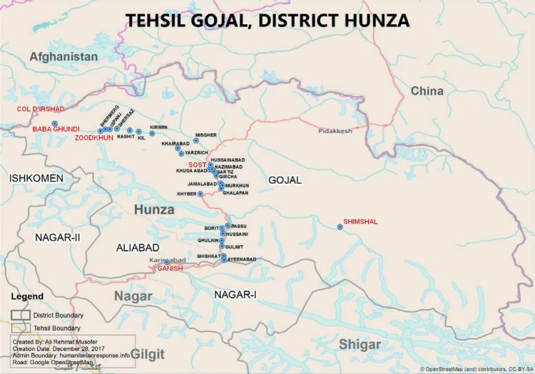 Carte de la haute Hunza présentant le Gojal et la vallée de Chapursan