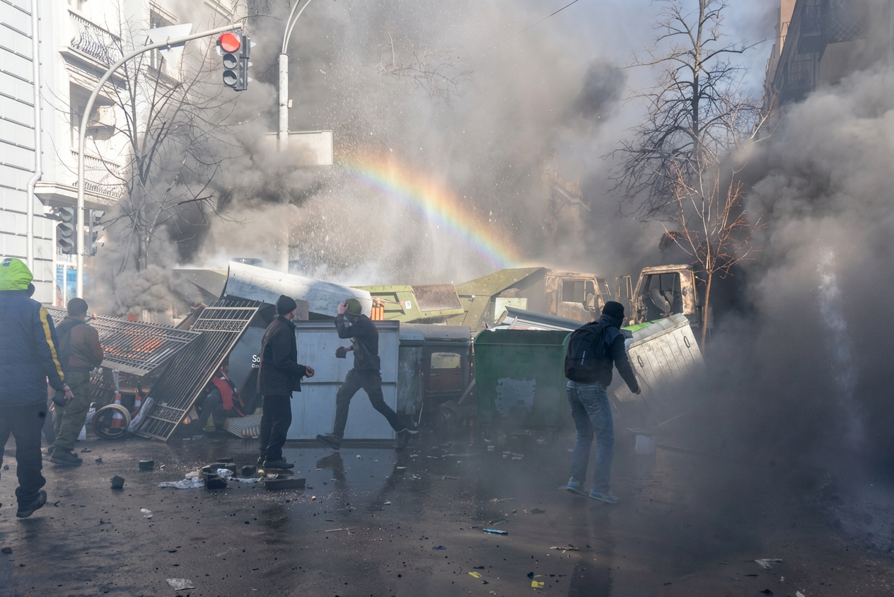 Bernard Grua, Maïdan : Fumée et barricade de poubelles contre les camions brulés, rue de l’Institut, 18 février 2014