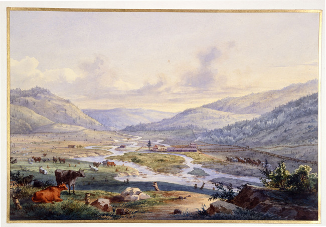 Batagol, gouache de Carl Wolff : vue de la ferme et de la vallée