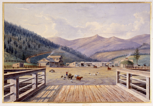 Batagol, gouache de Carl Wolff : bâtiments de la ferme 