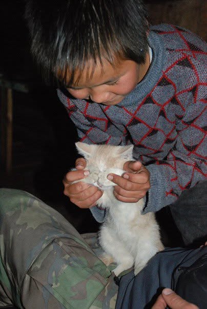 Дамдин Самаев jouant avec un chaton dans l’isba de Boldokte, monts Saïan orientaux, 2008.