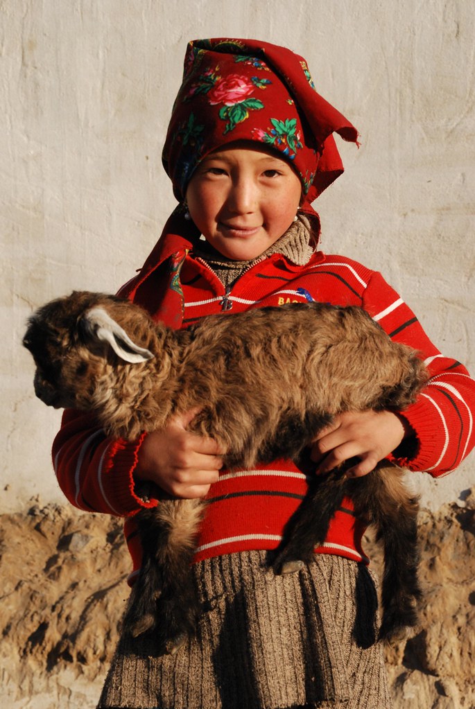 Des enfants kirghizes s'occupent des agneaux à Zarburuliuk Jailoo, campement d'été situé à 4 150 m d'altitude dans le Pamir tadjik.