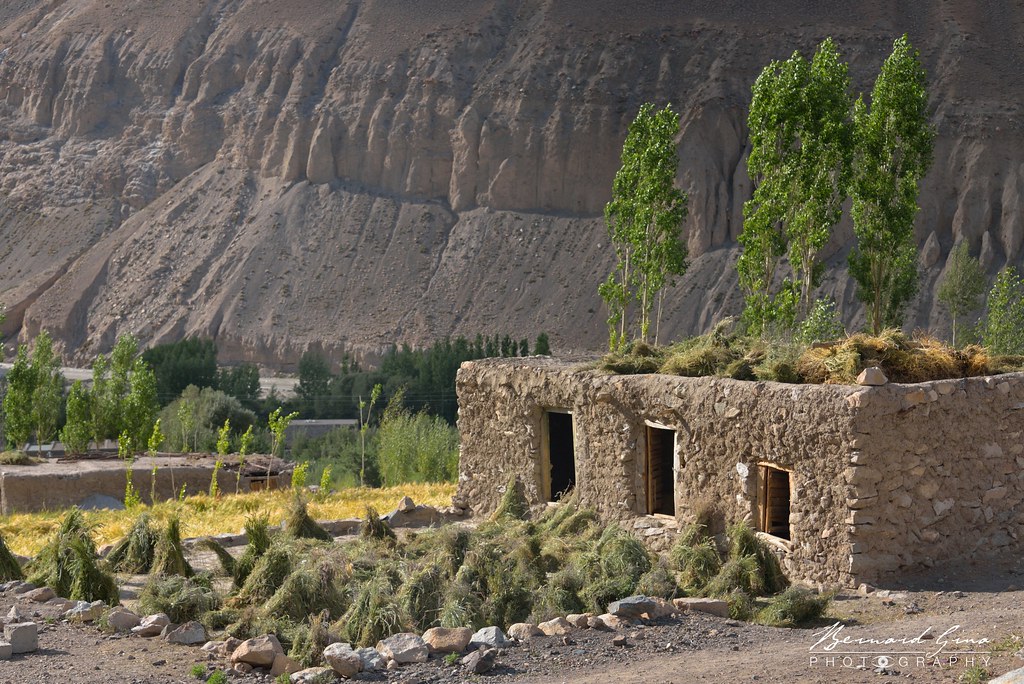 Maison de pierre sèche avec joints en terre. Foin qui sèche sur le toit par Bernard Grua