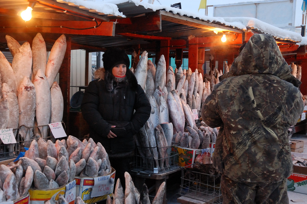 Marché au poisson de Iakoutsk en hiver, Sibérie