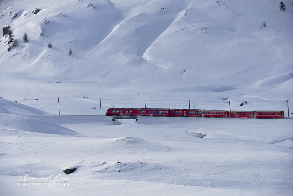 Train rouge sur l’Alp Bondo couverte de neige, 2 100 m, canton des Grisons, Suisse