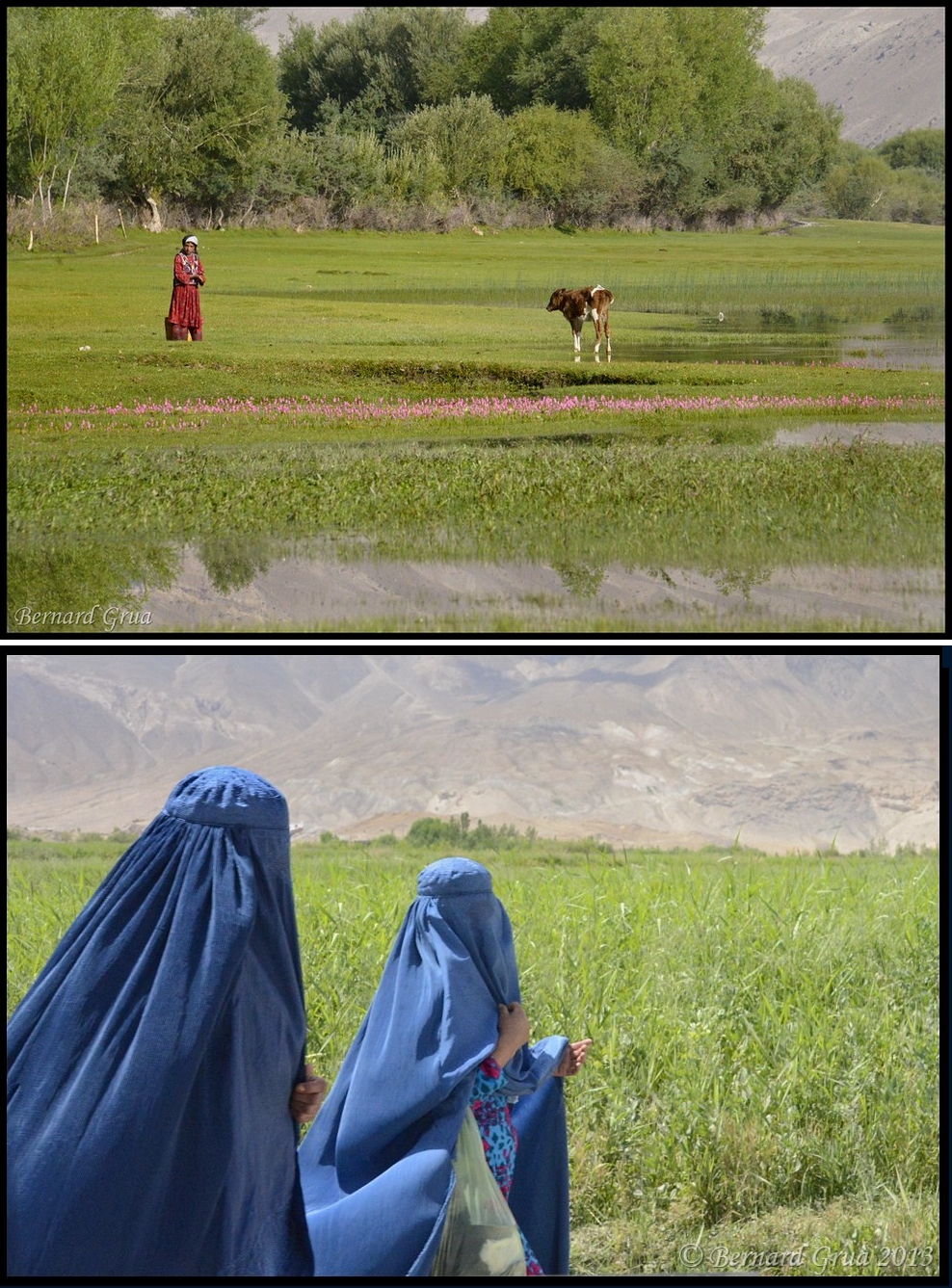 Femmes wakhies et burkas à l’entrée du corridor du Wakhan, Ishkashim, Badakhchan, Afghanistan, le 31 juillet 2013.