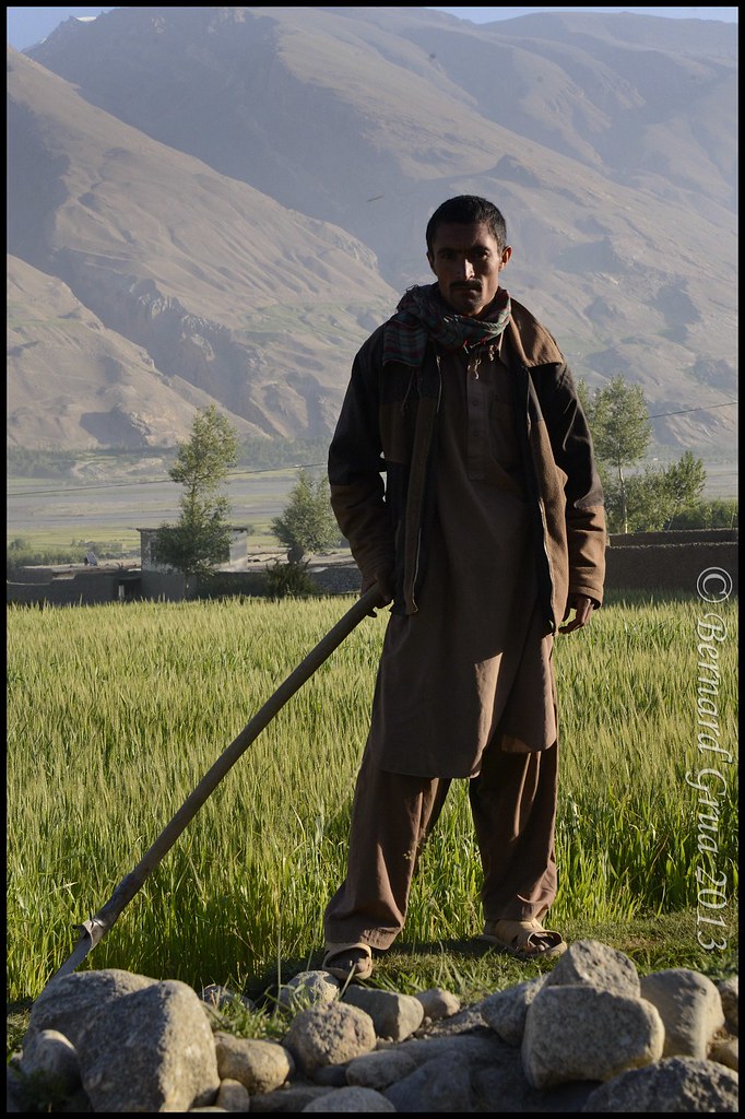 Agriculteur wakhi travaillant à l’irrigation de ses champs au petit matin à Khandud, dans le corridor du Wakhan, Badakhchan, Afghanistan, le 29 juillet 2013.