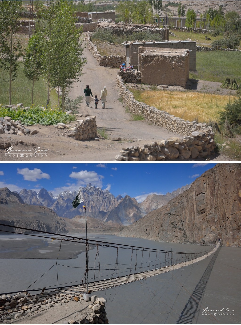 Montage de deux photographies : village de Zoo Khun dans la vallée de Chapursan et pont suspendu de Hussaini sur la rivière Hunza, Gilgit-Baltistan, Pakistan, en août 2018.